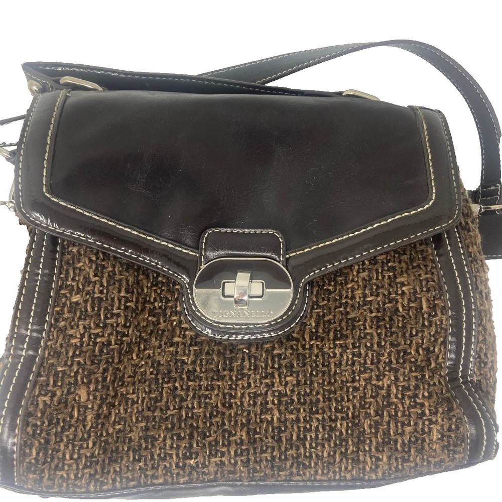 Tignanello Brown‎ Tweed Leather Trim Satchel Shoulder Crossbody Bag - Picture 5 of 12